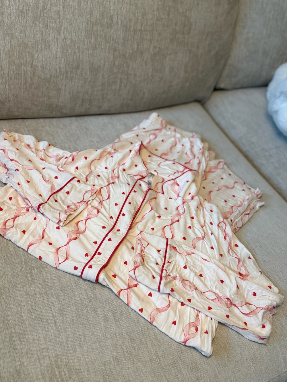 Soma Intimates Cool Nights Long Sleeved & Long Pants Hearts & Ribbon Pajama Set